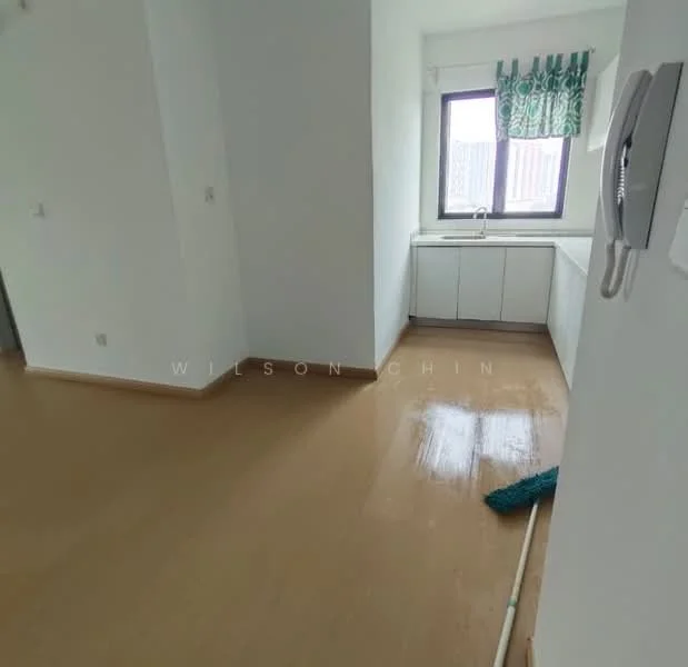 Kitchen features: white painted walls, laminate flooring, single-bowl stainless-steel sink, white cabinetry, window with green patterned curtains, countertop, kitchen faucet, cleaning mop on the floor; style: modern.