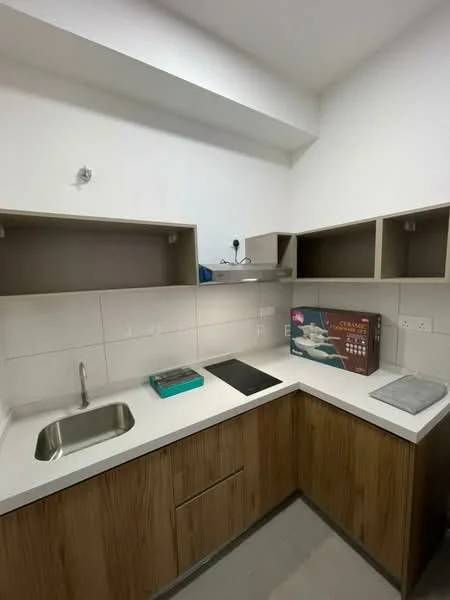 Kitchen features: single-bowl stainless-steel sink, chrome pull-down faucet, white quartz countertop, wood cabinetry with a natural finish, built-in induction cooktop, white tiled backsplash, open shelving above countertop, grey tile flooring; style: modern.