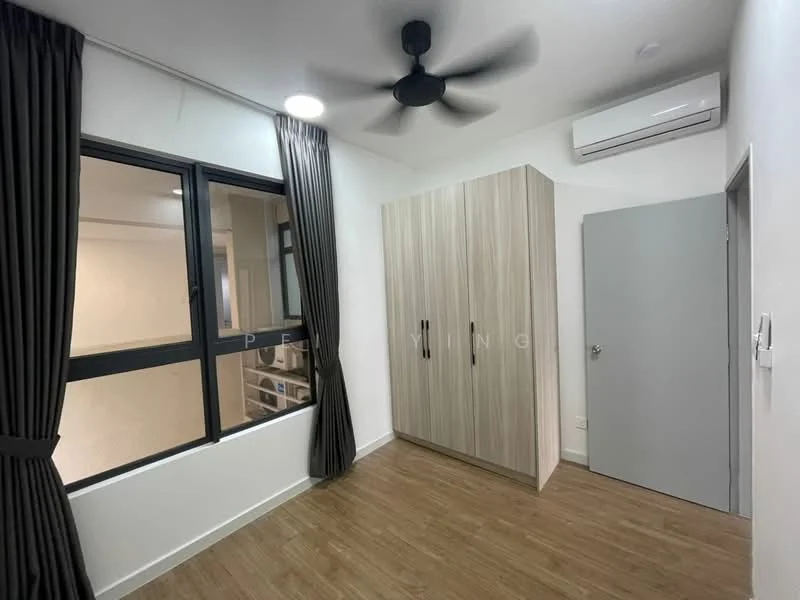 Bedroom features: wooden flooring, white painted walls, 5-blade ceiling fan, floor-to-ceiling windows, blackout curtains, built-in wardrobe, air conditioning unit, light fixture; style: modern.