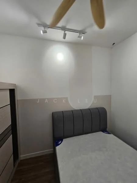 Bedroom features: grey upholstered bed frame, mattress without bedding, light wood flooring, white painted walls, accent wall with beige paint, recessed lighting, track lighting, built-in wardrobe with drawers; style: modern.