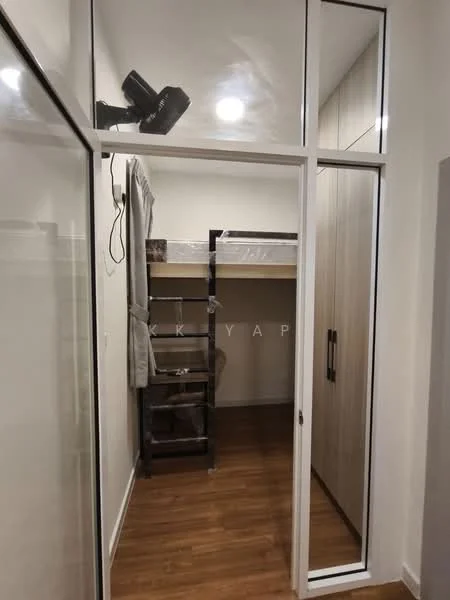 Room features: wooden flooring, glass sliding door, built-in wardrobe with wood finish, bunk bed with mattress, shelf unit, recessed lighting, curtains, neutral wall color; style: modern.