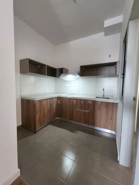 Kitchen features: laminate cabinetry in wood finish, white tiled backsplash, stainless-steel sink, chrome pull-down faucet, countertop with integrated storage, under-cabinet lighting, ceramic tile flooring, wall-mounted cabinets, open shelving, recessed ceiling lights; style: modern.
