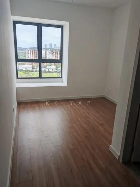 Room features: laminate flooring, white painted walls, large window with city view, window sill, no visible furniture, neutral color scheme, light fixture on ceiling; style: modern; view: city.