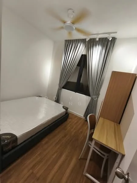 Bedroom features: single bed, wooden flooring, white painted walls, ceiling fan, floor-to-ceiling window, grey curtains, study desk, wooden chair; style: modern.