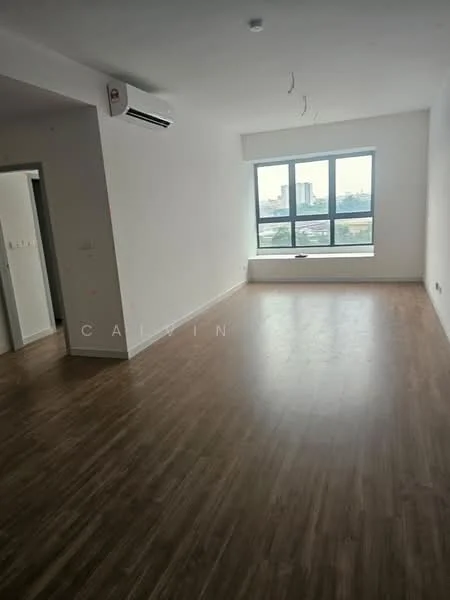 Room features: laminate flooring, white painted walls, floor-to-ceiling windows, city view, 1 wall-mounted split AC, recessed ceiling lights, open layout, natural light; style: modern; view: city.