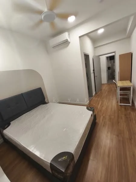 Bedroom features: queen-size bed with upholstered headboard, wooden flooring, 5-blade ceiling fan, wall-mounted split AC, white painted walls, built-in wardrobe, study desk, chair; style: modern.