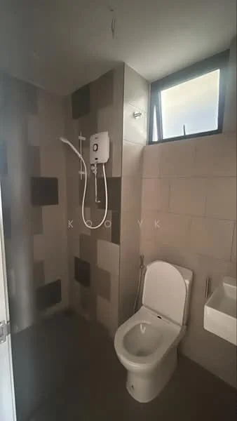 Bathroom features: white toilet, shower with wall-mounted water heater, grey tiled walls, dark grey accent tiles, small wall-mounted sink, window for natural light, non-slip flooring; style: modern.