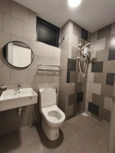 Bathroom features: wall-mounted sink, round mirror, toilet, shower with wall-mounted showerhead, grey tiled walls, black accent tiles, floor tile, chrome towel rack, glass shower enclosure; style: modern.