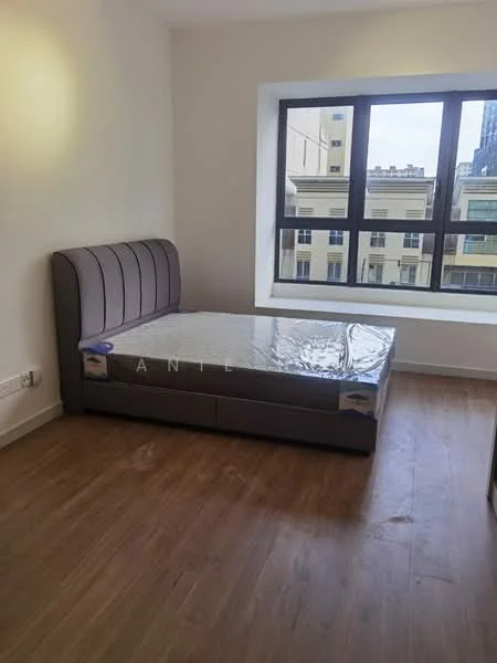 Bedroom features: queen-size bed, upholstered headboard, wooden flooring, large window, city view, neutral wall color, built-in wardrobe, bedside table; style: modern; view: city.