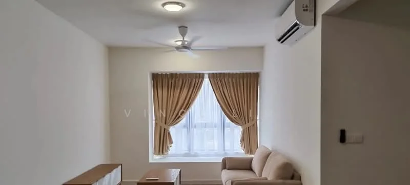 Living features: light beige fabric sofa, wood coffee table, 5-blade ceiling fan with light, wall-mounted split AC, floor-to-ceiling window, sheer curtains, cream painted walls, light-colored flooring, recessed ceiling lights; style: modern.