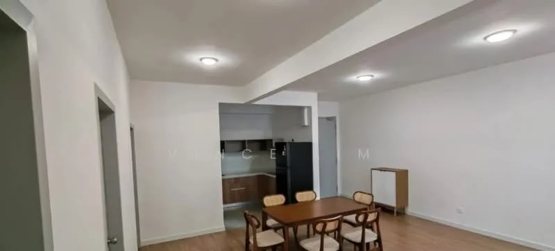 Dining features: wooden dining table, 4 dining chairs, recessed ceiling lights, laminate flooring, white painted walls, open layout to kitchen, kitchen visible in background, neutral color scheme; style: modern. Kitchen features: kitchen cabinets, black refrigerator, countertop, open layout to dining area; style: modern.