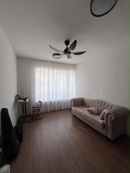 Living features: light wood flooring, white painted walls, 5-blade ceiling fan, large sheer curtains, chocolate brown fabric sofa, rocking chair, piano, decorative cushions; style: modern.