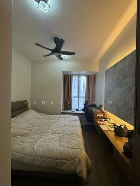 Bedroom features: queen-size bed, upholstered headboard, wooden flooring, 5-blade ceiling fan, window with sheer curtains, desk with chair, wall-mounted light, built-in cabinetry, decorative wall panel, area rug; style: modern.