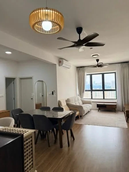 Living features: 3-seater fabric sofa in cream, 2 ceiling fans, wooden dining table, 4 upholstered dining chairs, area rug, wall-mounted air conditioning unit, floor-to-ceiling windows, curtains, light fixture with woven shade, TV console, decorative mirror; style: modern; view: city.