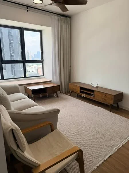 Living features: 3-seater fabric sofa in light color, 2 wooden side tables, TV console in wood, area rug with neutral color, floor-to-ceiling windows, curtains, ceiling fan, wooden flooring; style: modern; view: city.