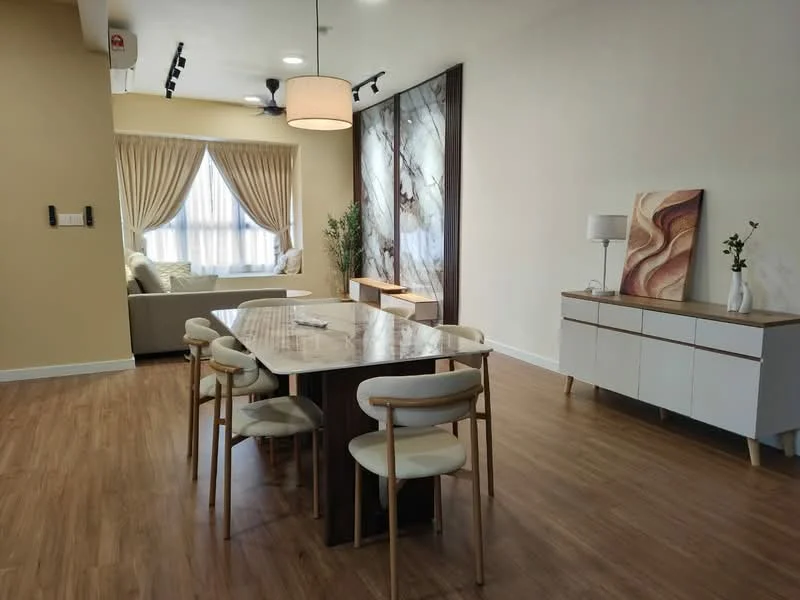 Dining features: 6-seater dining table with marble top, wooden dining chairs with upholstered seats, pendant light fixture, laminate flooring, white painted walls, decorative wall art, sideboard with wooden top and white cabinetry, large window with sheer curtains, ceiling fan, wall-mounted air conditioning unit; style: modern. Living features: sofa with cushions, decorative throw pillows, coffee table, wall-mounted artwork, large window with sheer curtains, laminate flooring; style: modern.