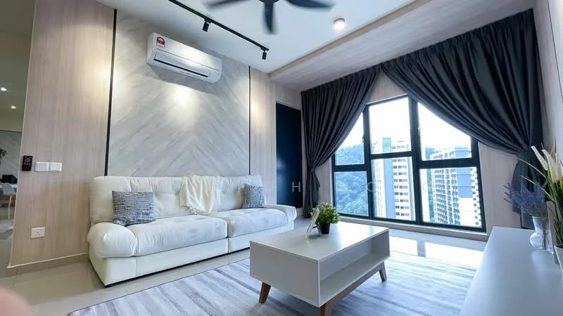 Living features: 3-seater fabric sofa in white, ceiling fan with light, floor-to-ceiling windows, blackout curtains, light wood accent wall, light grey area rug, coffee table in light wood, decorative plant on table, wall-mounted air conditioning unit; style: modern; view: city.