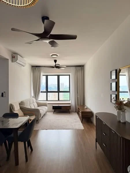 Living features: 3-seater fabric sofa in cream, wooden coffee table, TV console, wall-mounted TV, area rug, floor-to-ceiling windows, sheer curtains, 2-blade ceiling fan, 1 wall-mounted split AC, wooden sideboard, decorative mirror, decorative vase with flowers; style: modern; view: city. Dining features: 4-seater dining table, black upholstered dining chairs; style: modern.