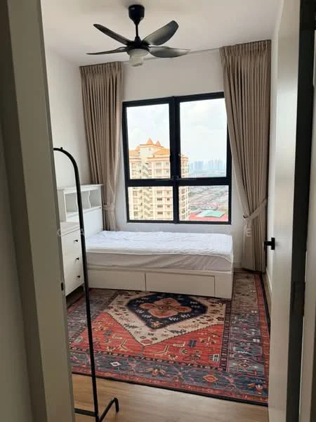 Bedroom features: queen-size bed frame without mattress, 5-blade ceiling fan, floor-to-ceiling windows, sheer curtains, wooden flooring, area rug with geometric pattern, built-in wardrobe, decorative wall art; style: modern; view: city.