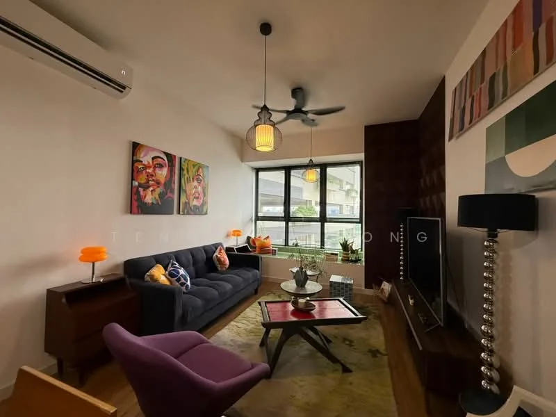 Living features: 3-seater fabric sofa in navy blue, purple accent chair, wooden coffee table with red top, area rug with abstract pattern, floor-to-ceiling windows, black floor lamp, wall-mounted TV, decorative wall art with colorful portraits, ceiling fan with light, air conditioning unit, wooden sideboard, greenery visible outside the window; style: modern; view: garden.