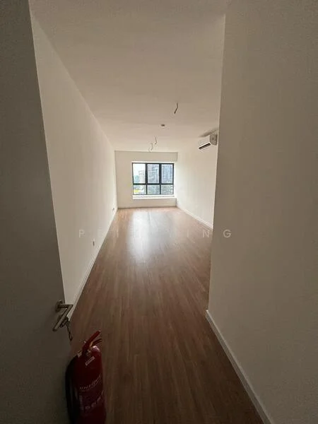 Room features: light wood laminate flooring, white painted walls, ceiling with recessed lighting, large window with city view, wall-mounted split AC, fire extinguisher, open layout; style: modern; view: city.