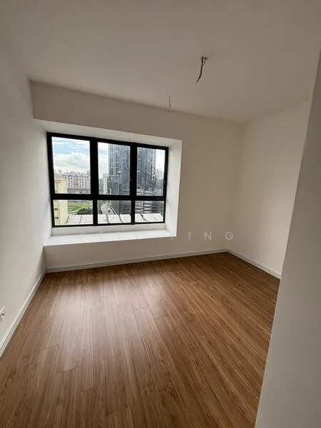 Room features: large floor-to-ceiling window, vinyl plank flooring, white painted walls, no visible ceiling fixtures, unfurnished space, city view from window; style: modern; view: city.