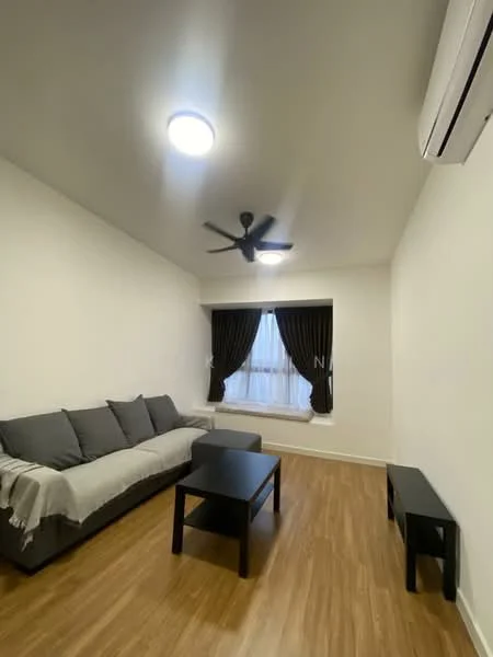 Living features: 3-seater fabric sofa in grey, black coffee table, black side table, wooden flooring, white painted walls, recessed ceiling lights, 5-blade ceiling fan, floor-to-ceiling window, black curtains; style: modern.