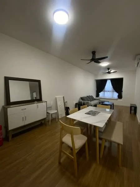 Dining features: wooden dining table, bench seating, upholstered dining chairs, mirror on sideboard, sideboard with drawers, laminate flooring, recessed ceiling lights, 2 ceiling fans, sofa in living area, curtains on window, wall-mounted air conditioning unit; style: modern.