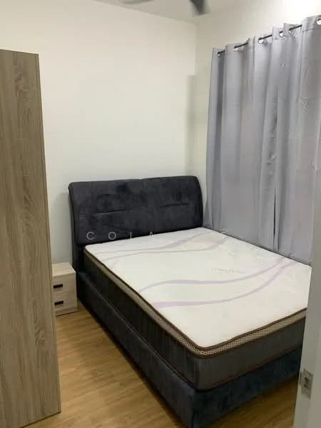 Bedroom features: queen-size bed, upholstered headboard, wooden wardrobe, nightstand, grey curtains, laminate flooring, white painted walls; style: modern.