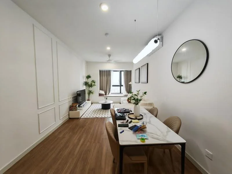 Living features: light wood flooring, white painted walls, recessed downlights, 5-blade ceiling fan, floor-to-ceiling windows, curtains, TV console, wall-mounted TV, round coffee table, area rug with geometric pattern, decorative plants, framed artwork, dining table with 4 chairs; style: modern; view: city.