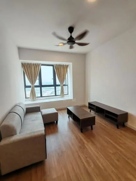 Living features: 3-seater fabric sofa in beige, coffee table, TV console, ceiling fan, floor-to-ceiling window, sheer curtains, wooden flooring, white painted walls; style: modern; view: city.