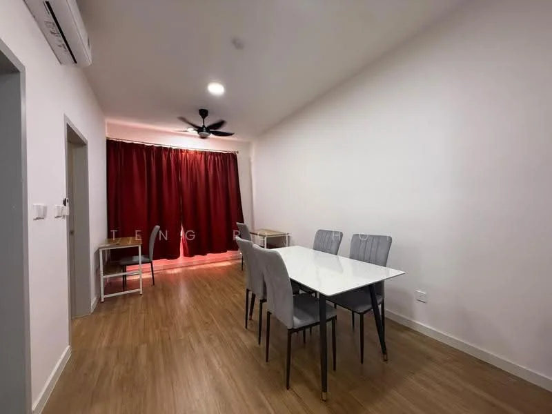 Dining features: white dining table, 4 grey upholstered dining chairs, wooden flooring, ceiling fan with light, red curtains, wall-mounted air conditioning unit, neutral painted walls, natural light from window; style: modern. Room features: neutral painted walls, wooden flooring.