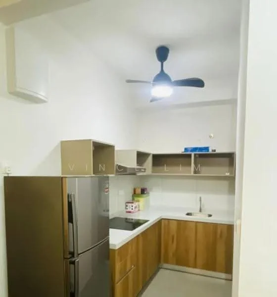 Kitchen features: stainless-steel fridge, single-bowl stainless-steel sink, chrome pull-down faucet, white countertop, wood cabinetry, open shelving, 5-blade ceiling fan with light, wall-mounted air conditioning unit; style: modern.