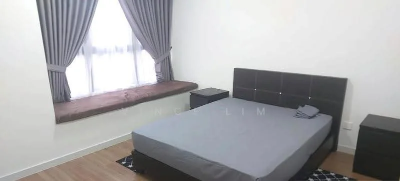 Bedroom features: queen-size bed with grey bedding, black upholstered headboard, two black bedside tables, window with sheer curtains, window seat with cushion, wooden flooring, decorative area rug with geometric pattern, white painted walls; style: modern.