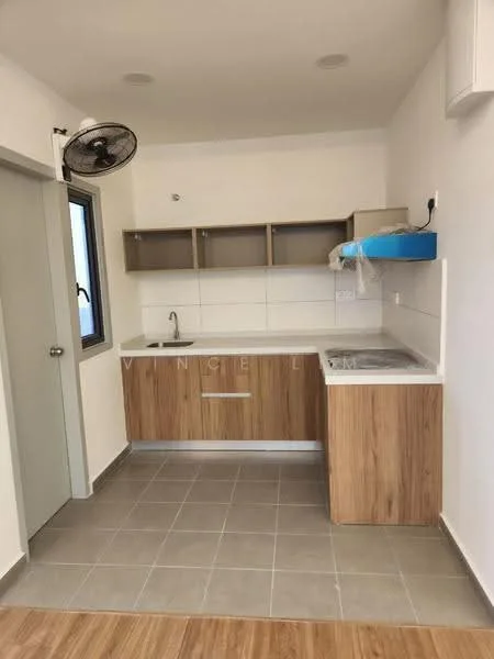 Kitchen features: single-bowl stainless-steel sink, chrome pull-down faucet, laminate countertop, wood cabinetry with light wood finish, white tiled backsplash, built-in stove, grey ceramic tile flooring, wall-mounted split AC, ceiling fan, open shelving above countertop; style: modern.