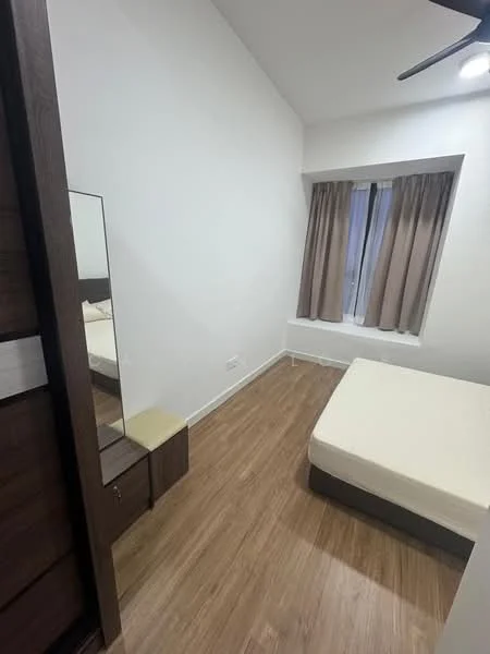 Bedroom features: wooden flooring, white painted walls, sliding mirror wardrobe, window with sheer curtains, ceiling fan, bedside table, queen-size bed, built-in mirror, natural light from window; style: modern.
