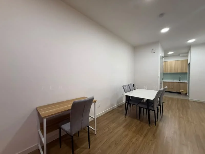 Dining features: light wood dining table, 4 upholstered dining chairs in grey, white painted walls, laminate flooring, recessed downlights, open layout to kitchen; style: modern. Kitchen features: wood cabinetry, countertop, stainless-steel sink, built-in appliances, open layout to dining area; style: modern.