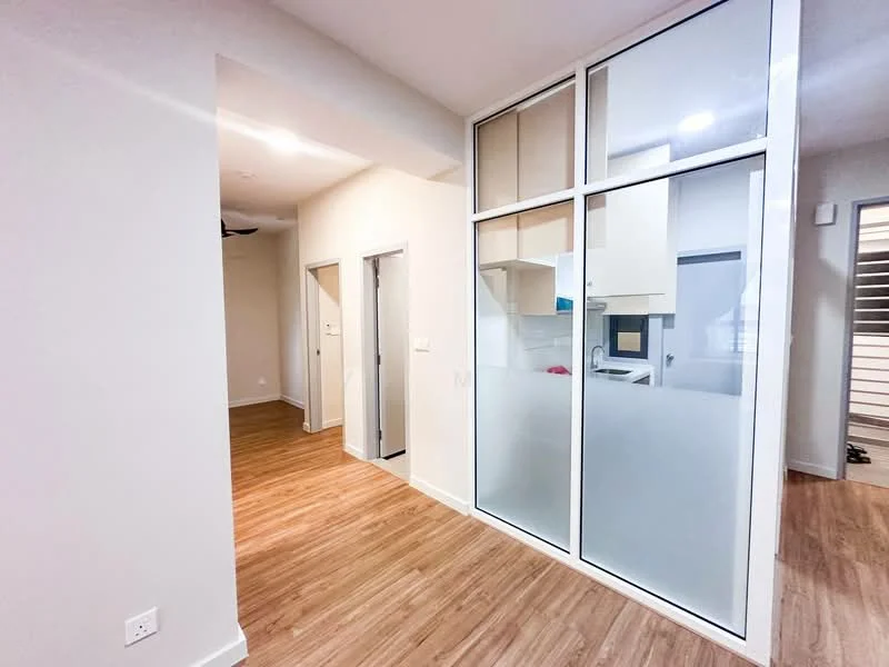 Room features: light wood laminate flooring, white painted walls, glass partition with frosted panels, recessed downlights, open layout, doorway leading to another room, doorway leading to kitchen, ceiling fan; style: modern.