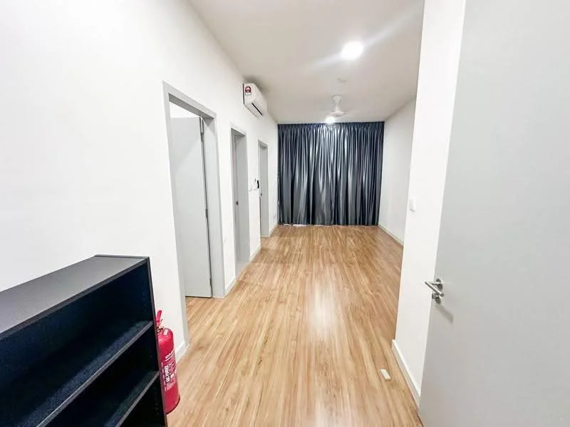 Room features: laminate flooring, white painted walls, recessed downlights, ceiling fan, curtains, fire extinguisher, open shelving unit, doorways leading to other rooms; style: modern.