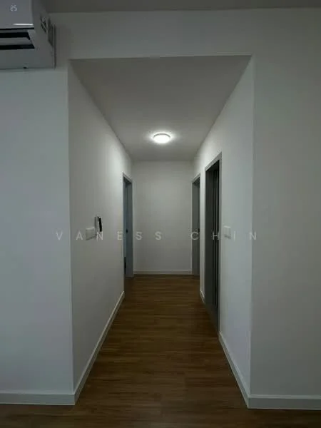 Hallway features: white painted walls, wood laminate flooring, ceiling light fixture, 1 wall-mounted split AC, doorways leading to other rooms, neutral color scheme; style: modern.
