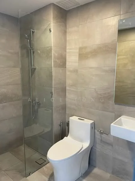 Bathroom features: walk-in shower with glass enclosure, rain shower head, handheld shower, one-piece toilet, wall-mounted sink, mirror above sink, grey ceramic tile flooring, beige wall tiles, chrome fixtures, built-in shelving, towel rail; style: modern.
