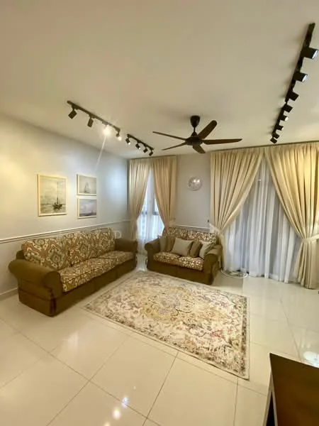 Living features: 2-seater fabric sofa in beige with patterned cushions, 3-seater fabric sofa in beige with patterned cushions, area rug with floral pattern, white painted walls, recessed LED downlights, ceiling fan with 5 blades, floor-to-ceiling windows with sheer curtains, decorative wall clock, framed artwork on walls; style: contemporary.