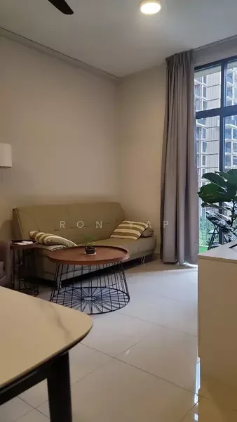 Living features: 3-seater fabric sofa in beige, striped throw pillows, round coffee table with metal base, floor-to-ceiling windows, sheer curtains, white painted walls, glossy tile flooring, ceiling fan, decorative plant in pot; style: modern; view: garden.
