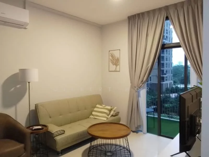 Living features: light grey fabric sofa, wooden coffee table, floor-to-ceiling windows, sheer curtains, decorative wall art, air conditioning unit, light-colored walls, white tiled flooring; style: modern; view: garden.