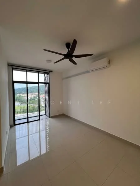 Room features: white painted walls, glossy ceramic tile flooring, 5-blade ceiling fan, wall-mounted split AC, floor-to-ceiling windows, sliding glass door, balcony access, mountain view; style: modern; view: mountain.