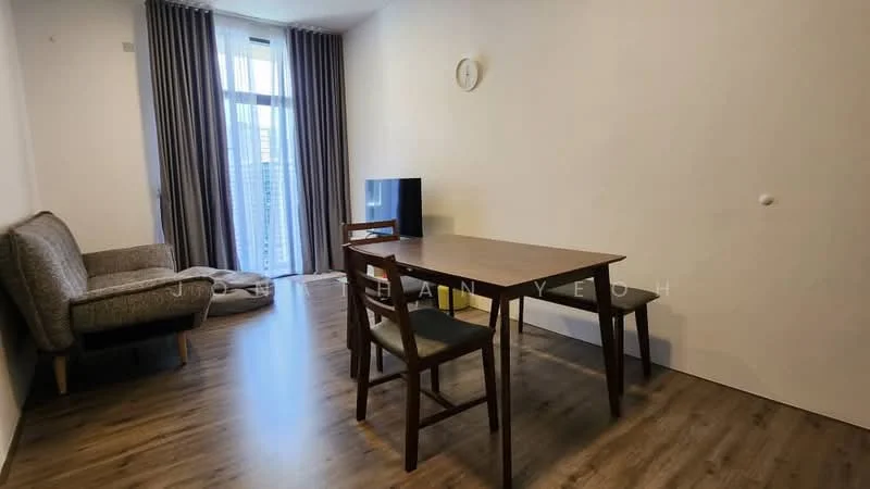 Living features: laminate flooring, white painted walls, floor-to-ceiling windows, grey curtains, sofa with patterned upholstery, wooden dining table, 4 dining chairs, wall-mounted TV, clock on wall; style: modern; view: city.