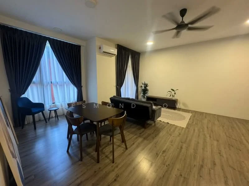 Living features: laminate flooring, white painted walls, 5-blade ceiling fan, floor-to-ceiling windows, blackout curtains, light grey sofa, wooden dining table, 4 dining chairs, indoor plant, area rug, wall-mounted split AC; style: modern.