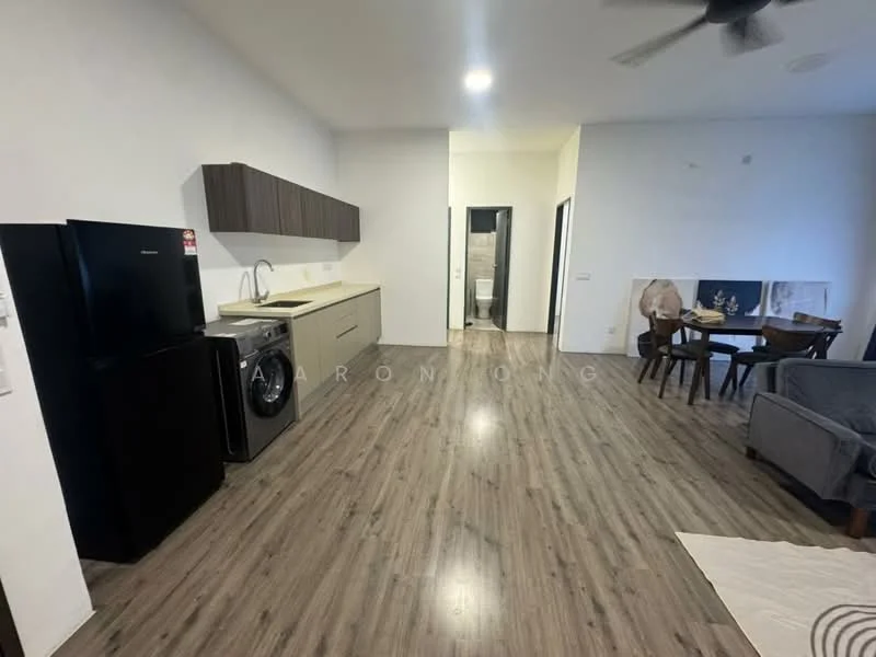 Living features: laminate flooring, white painted walls, ceiling fan, 3-seater fabric sofa in grey, coffee table, dining table for 4, black fridge, front-load washing machine, built-in kitchen cabinets, stainless-steel sink, chrome pull-down faucet, oven, microwave; style: modern. Room features: door leading to bathroom, door leading to hallway.