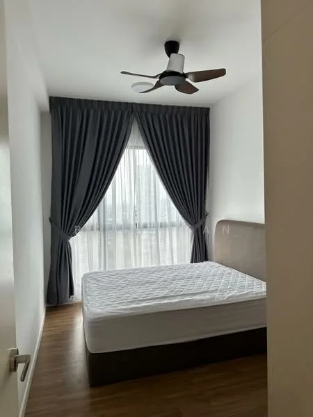 Bedroom features: queen-size bed, upholstered headboard, 5-blade ceiling fan, floor-to-ceiling windows, sheer curtains, dark grey curtains, wooden flooring, light grey walls; style: modern; view: city.