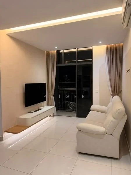 Living features: white leather 2-seater sofa, wall-mounted flat-screen TV, white TV console, white tiled flooring, recessed LED downlights, floor-to-ceiling windows, sheer curtains, light-colored painted walls, air conditioning unit; style: modern.
